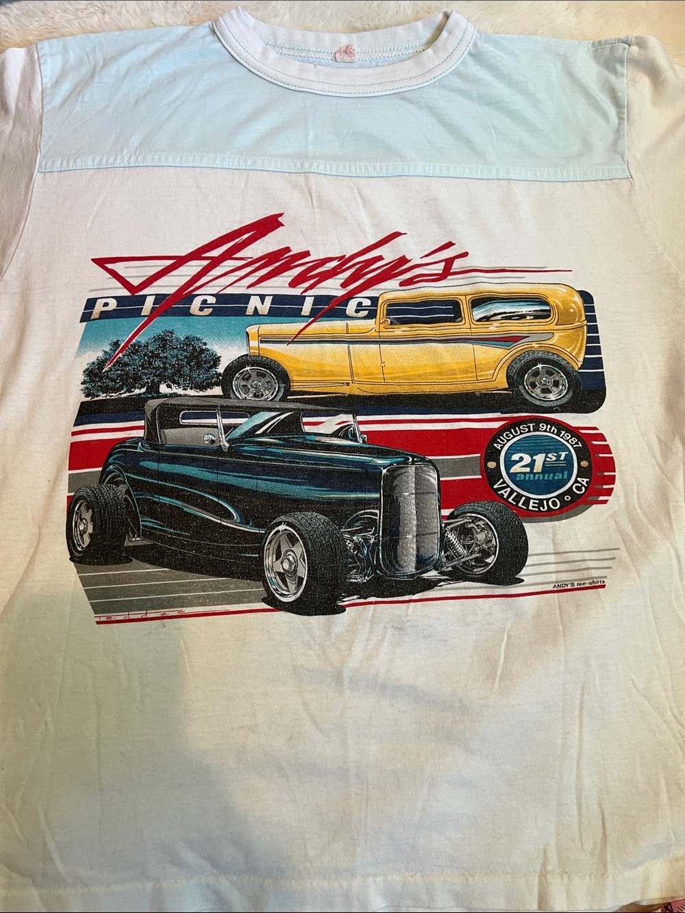 VTG 1987 Andy’s Picnic Hot Rod T-Shirt Vallejo CA Double Sided